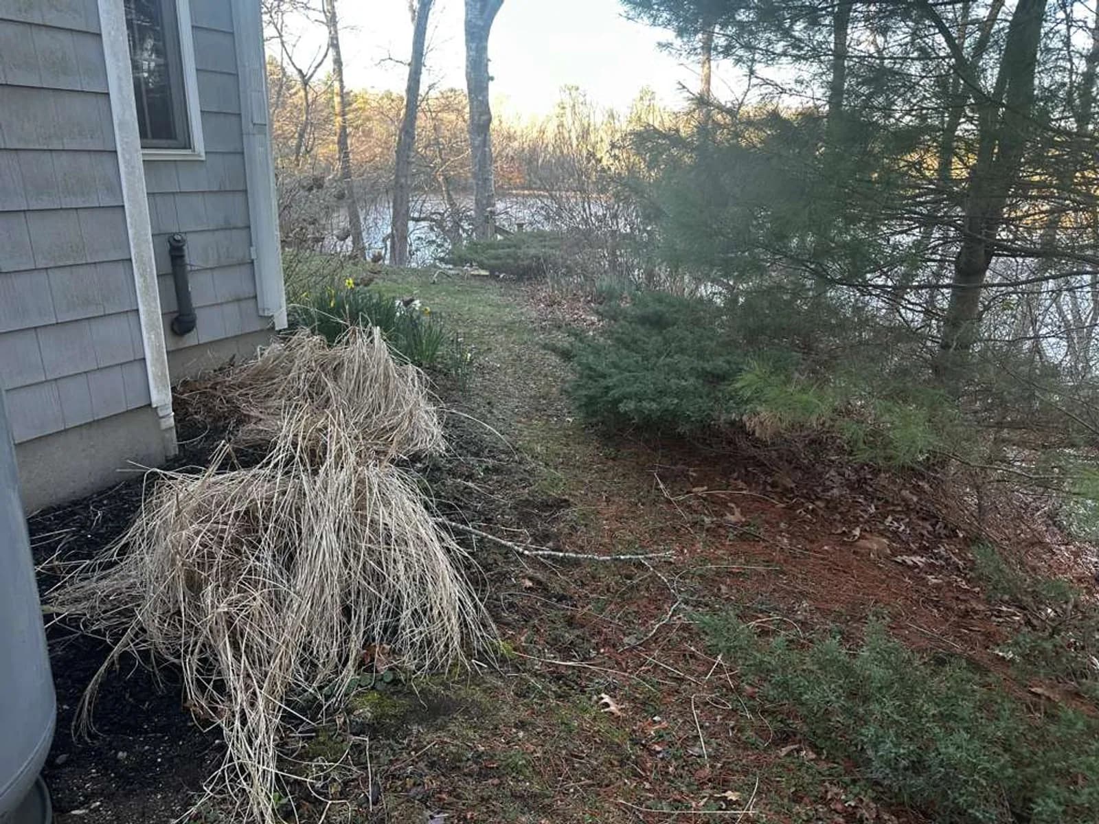 An Aldo Unlimited coastal property in Narragansett, RI — late-afternoon light over the water, a residence with cleared brush along the shoreline.